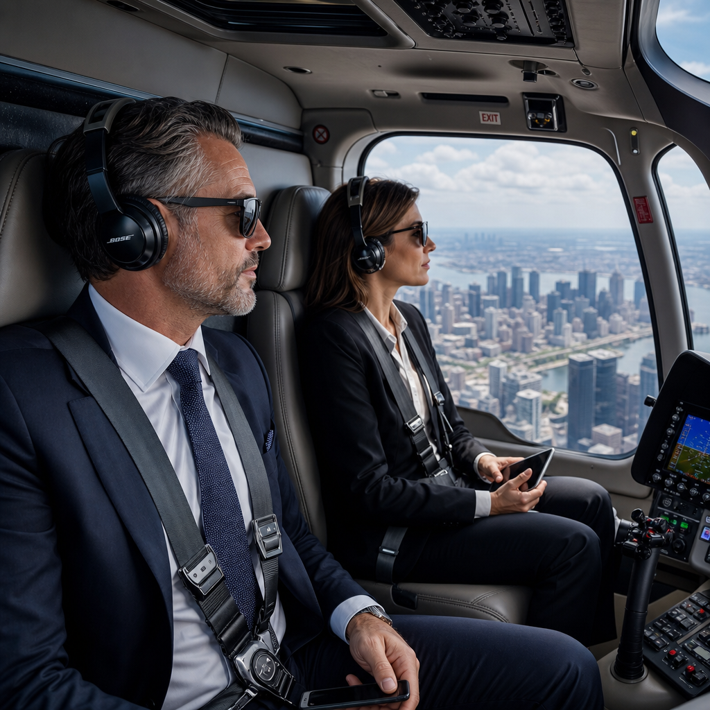 Wnętrze kabiny helikoptera z udziałowcami obserwującymi panoramę miasta