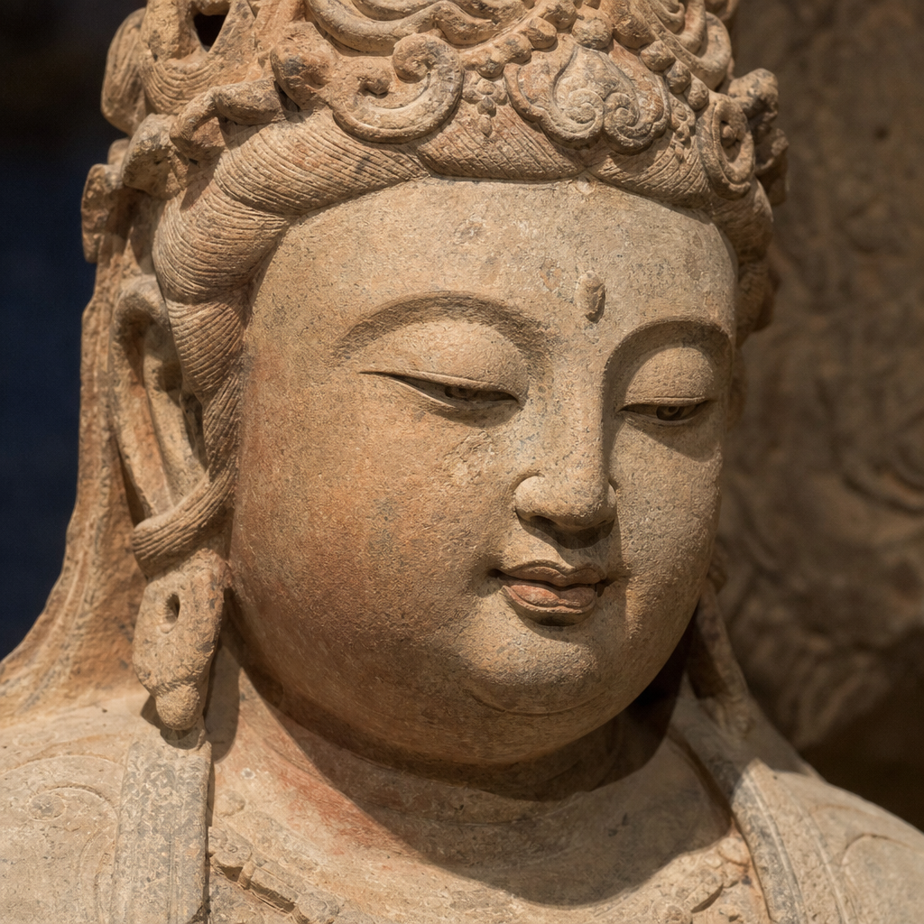 Bodhisattva-Skulptur aus Sandstein aus der Tang-Dynastie mit abgerundeten Gesichtszügen und geschnitzten Zeremoniengewändern