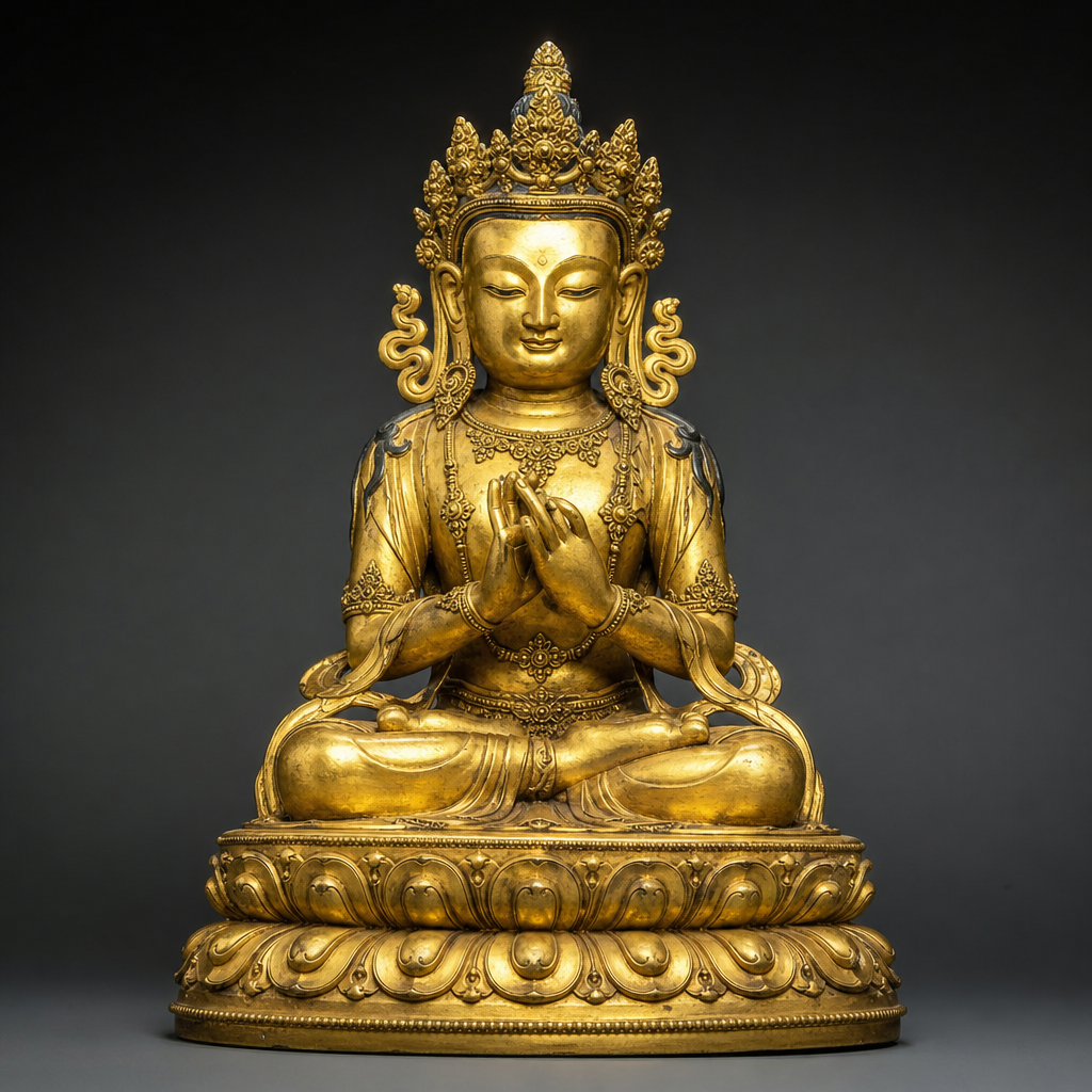 Sitzender Buddha aus vergoldeter Bronze aus der Ming-Dynastie mit detaillierten Handgesten und Zierelementen
