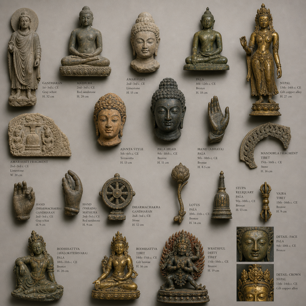 Vergleichende Sammlung buddhistischer Statuendetails, die Ikonographie und Handgesten verschiedener Skulpturen zeigt