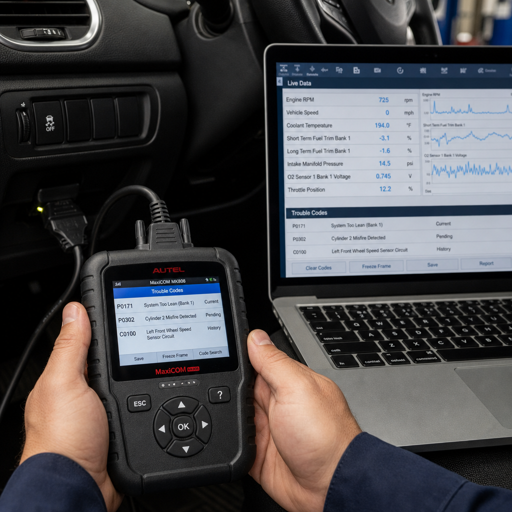 Technician using advanced diagnostic scanner on vehicle OBD2 port with live data display