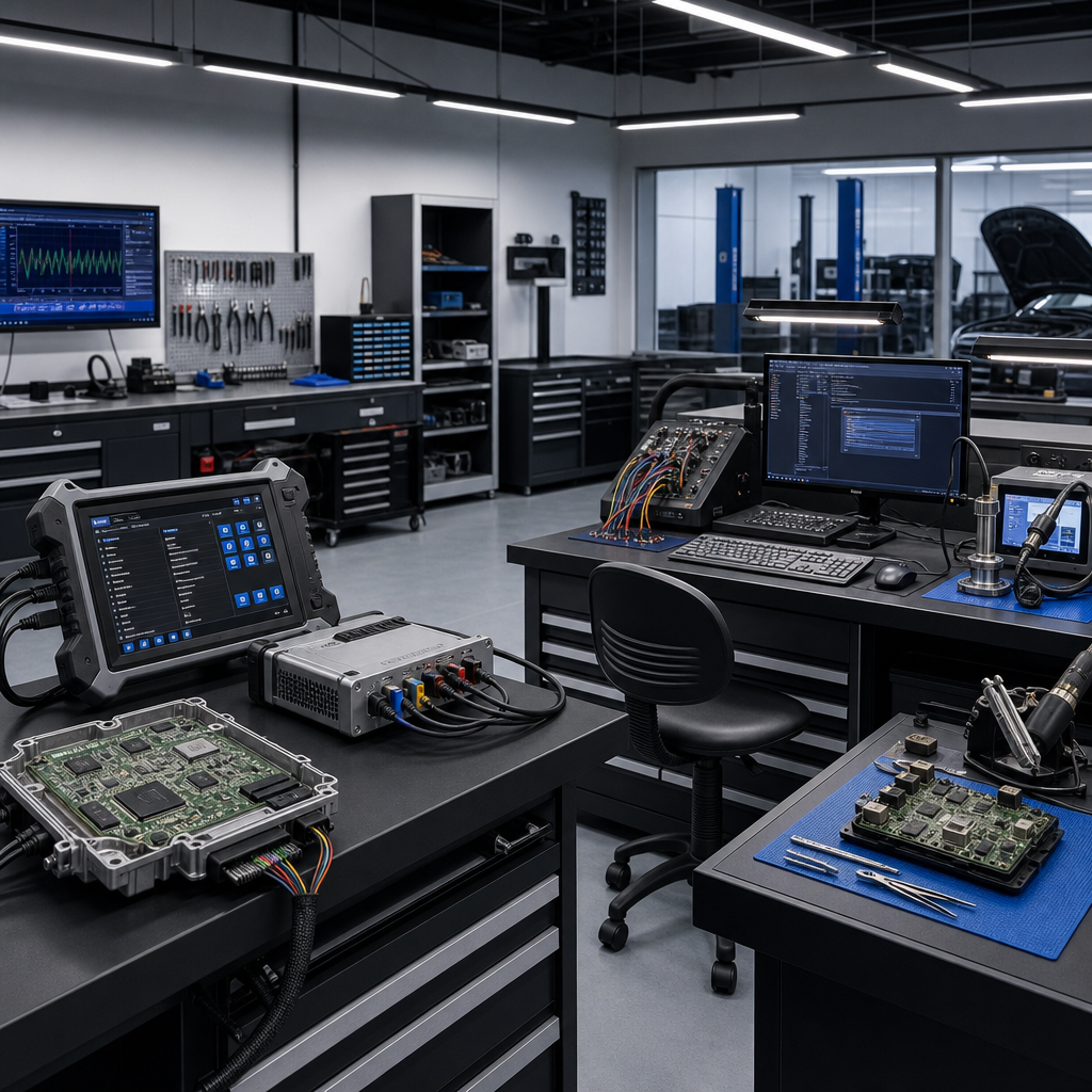 Professional automotive electronics workshop with specialized repair equipment and programming stations