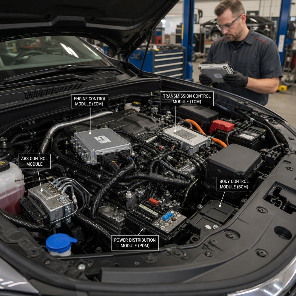 Vehicle engine bay showing electronic control modules and transmission components being serviced