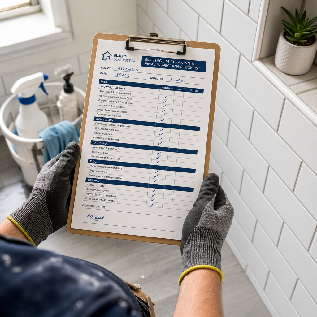 Builders cleaning checklist being reviewed during post-construction bathroom inspection