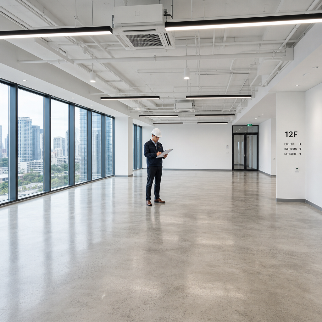 Commercial building interior during final builders cleaning inspection and handover in richmond