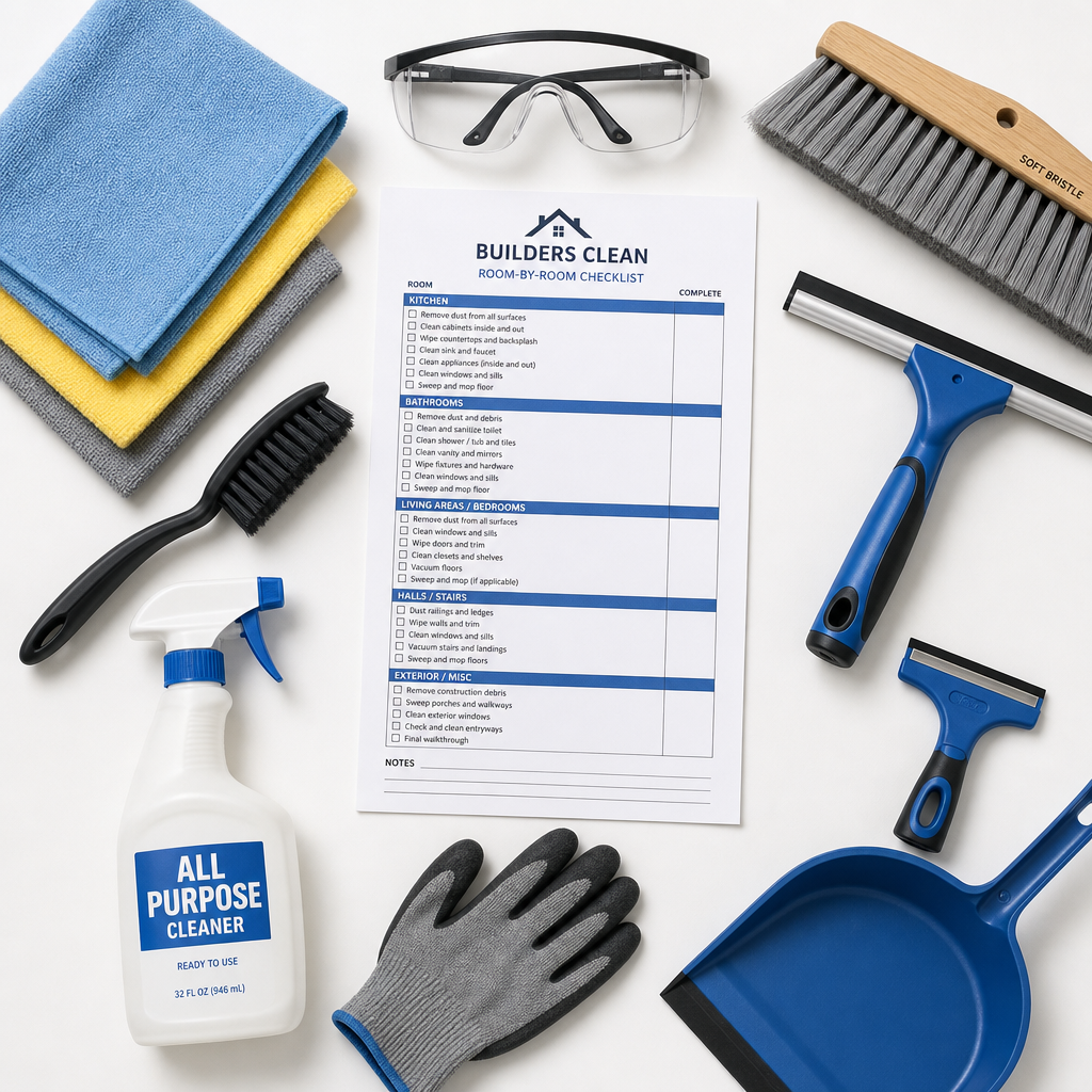 Professional post-construction cleaning supplies and inspection checklist tools used in springvale