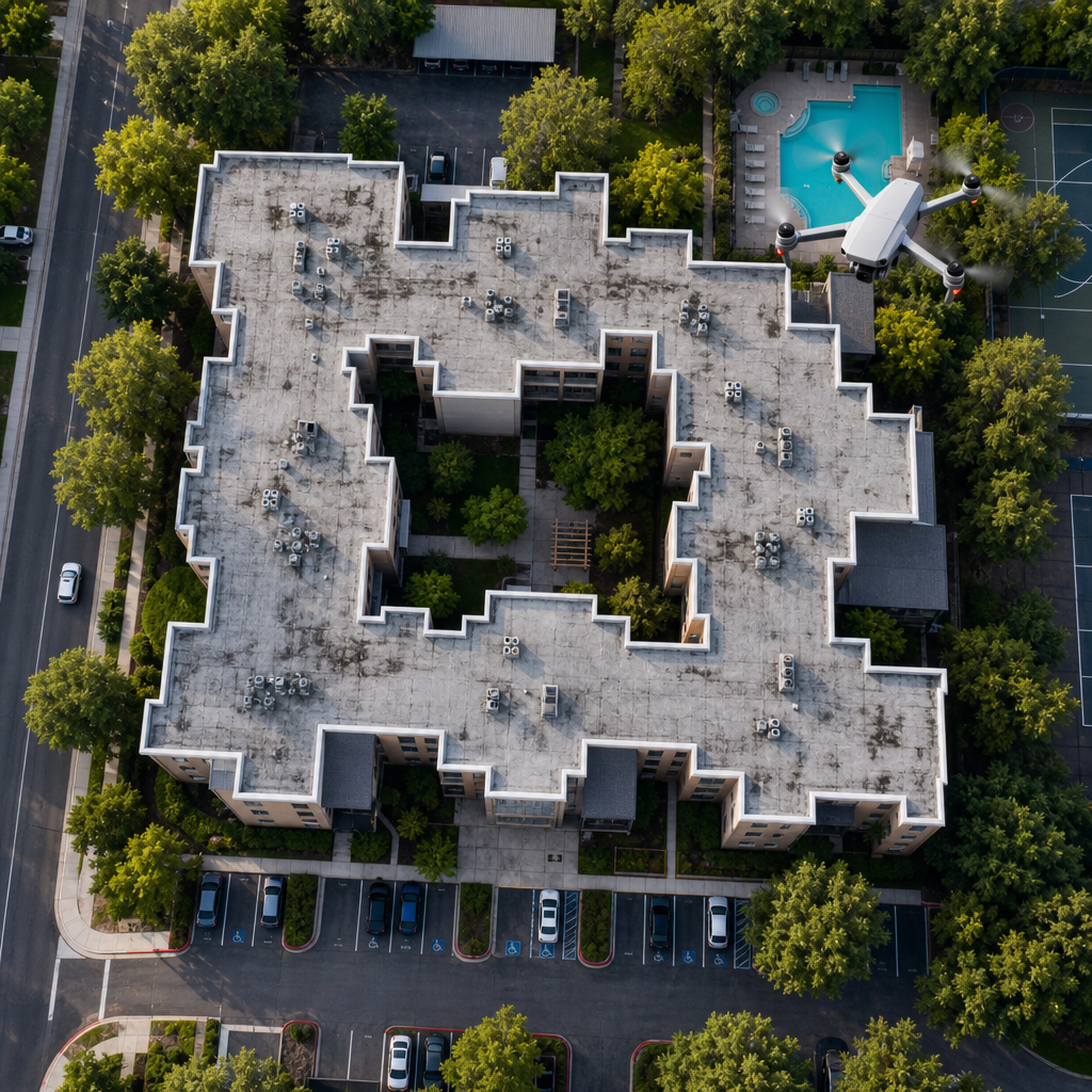 Drone indsamler luftdata over en boligbebyggelse til brug for facility management