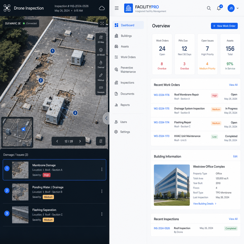 Digitalt workflow hvor droneinspektionsdata føres ind i en facility management-platform