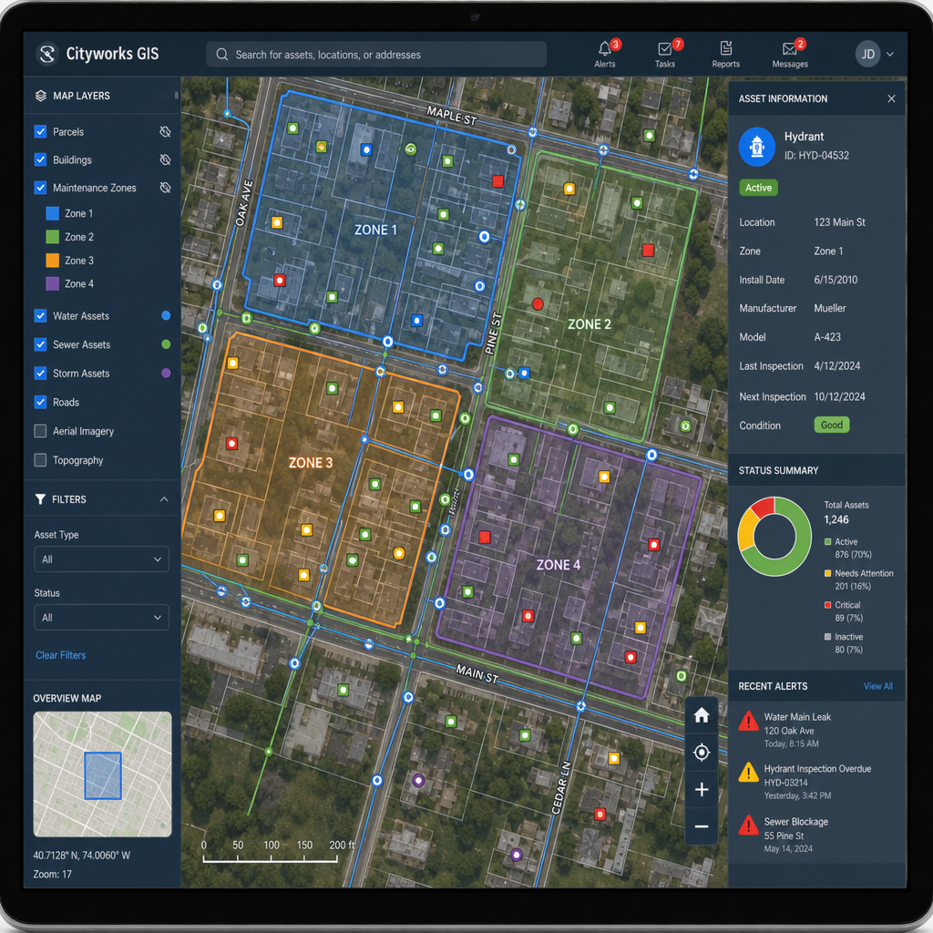 GIS-baseret platform der viser driftsdata og placeringer af bygningsdele på et digitalt kort