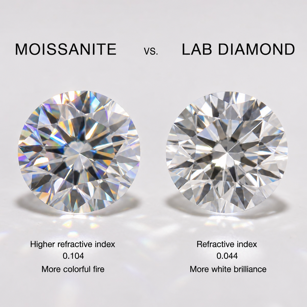 Moissanite and lab-created diamond stones displayed side by side showing light refraction differences
