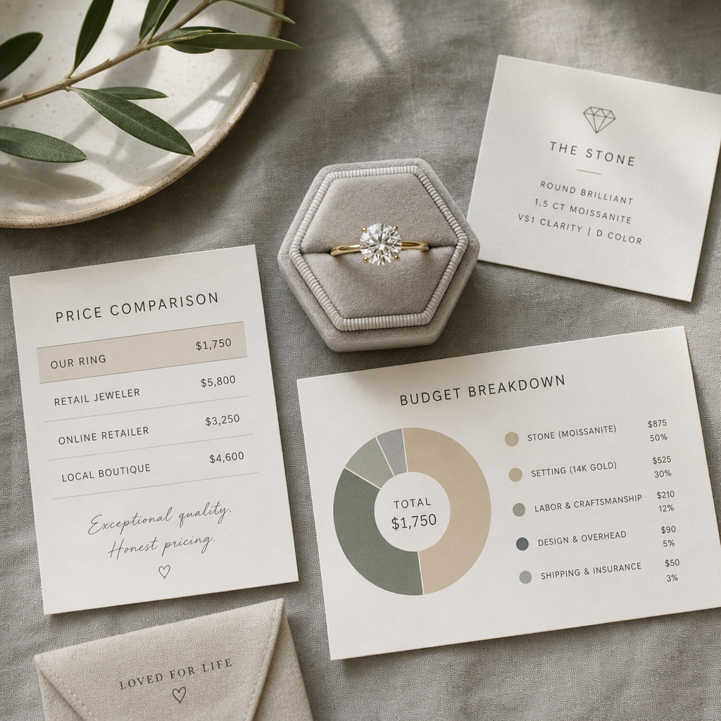 Moissanite engagement ring with price comparison materials in minimalist flat lay composition