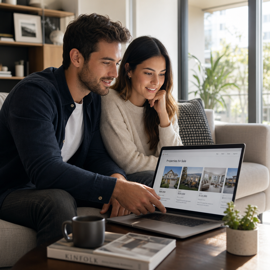 Couple researching property listings on laptop in bright living room