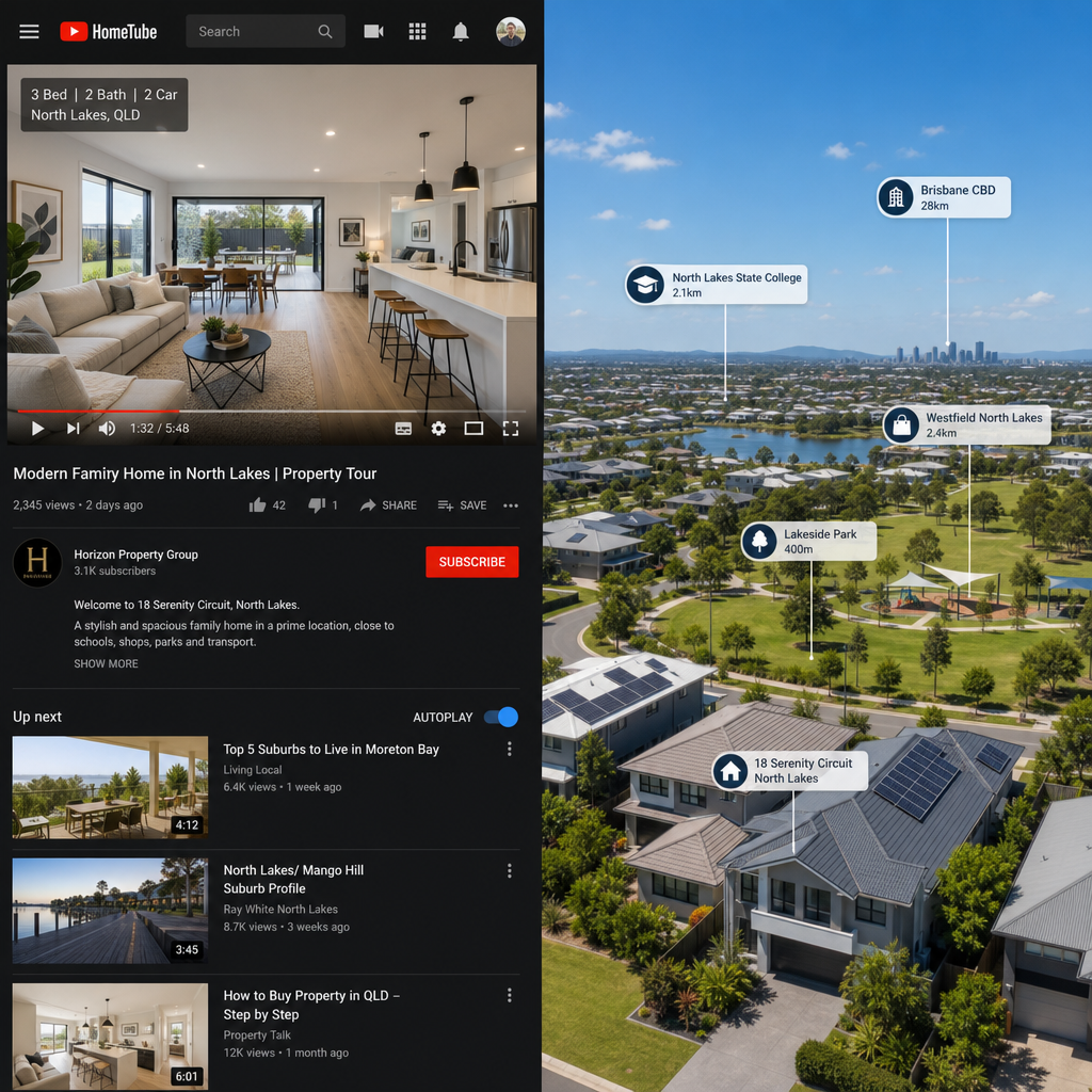Digital video interface displaying property tour content with suburban Australian homes