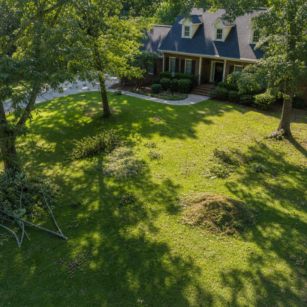 Summer lawn with scattered debris and fallen branches visible on grass surface