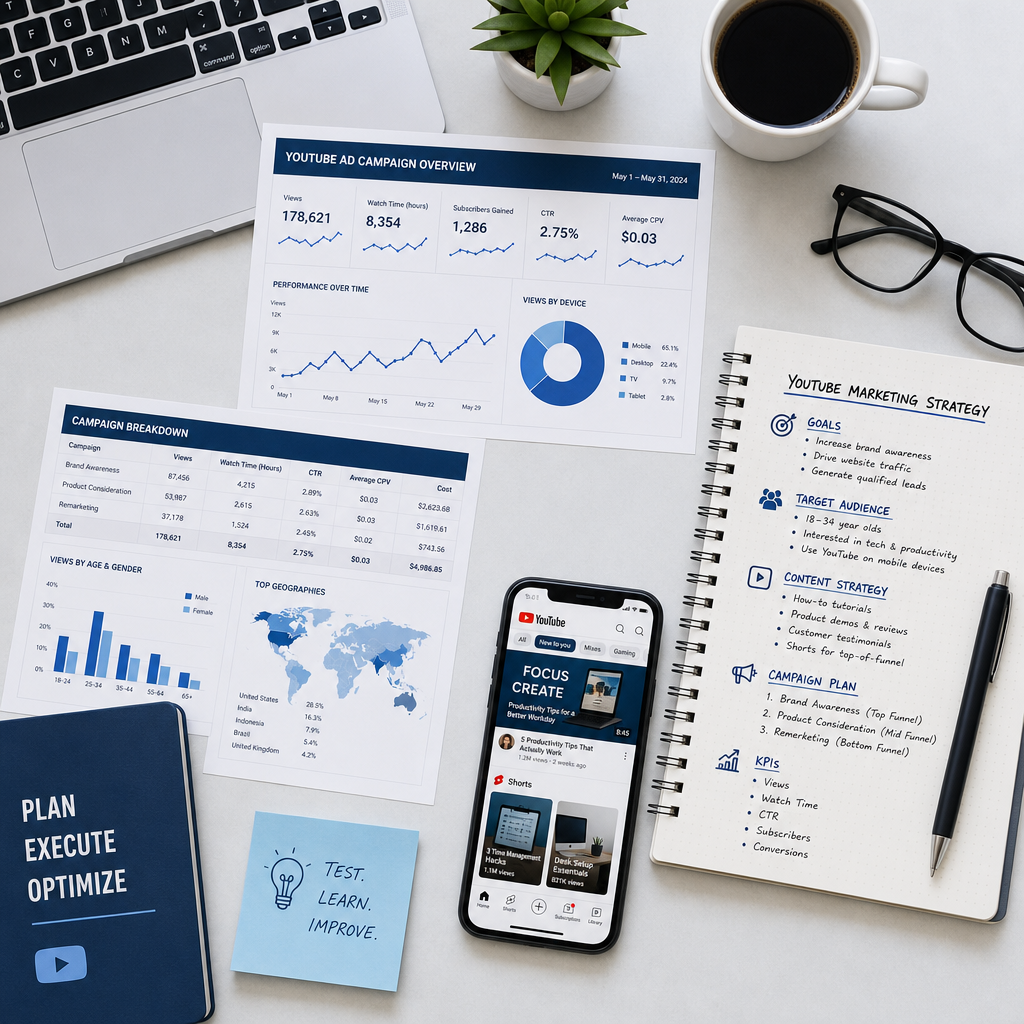 Marketing workspace showing analytics and campaign planning materials for digital advertising