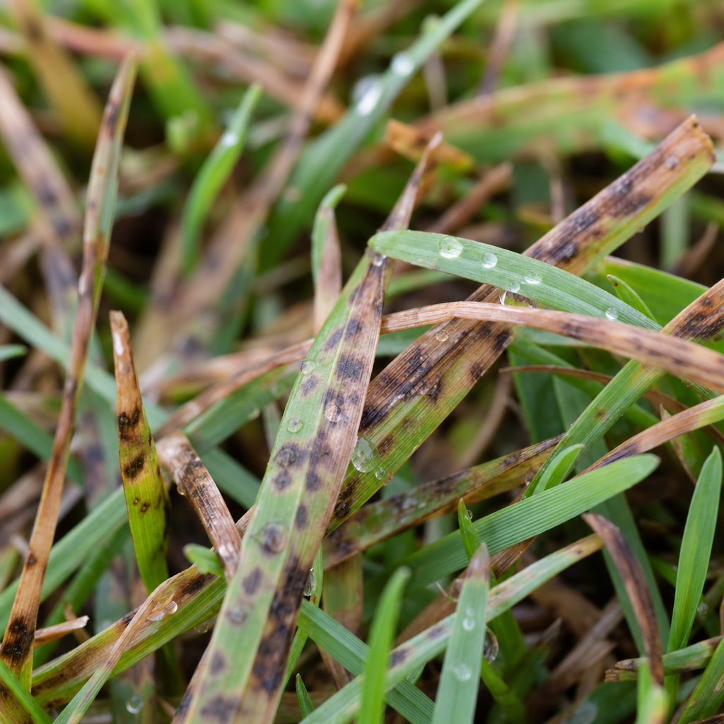 Close-up of brown patch fungal disease affecting lawn grass blades