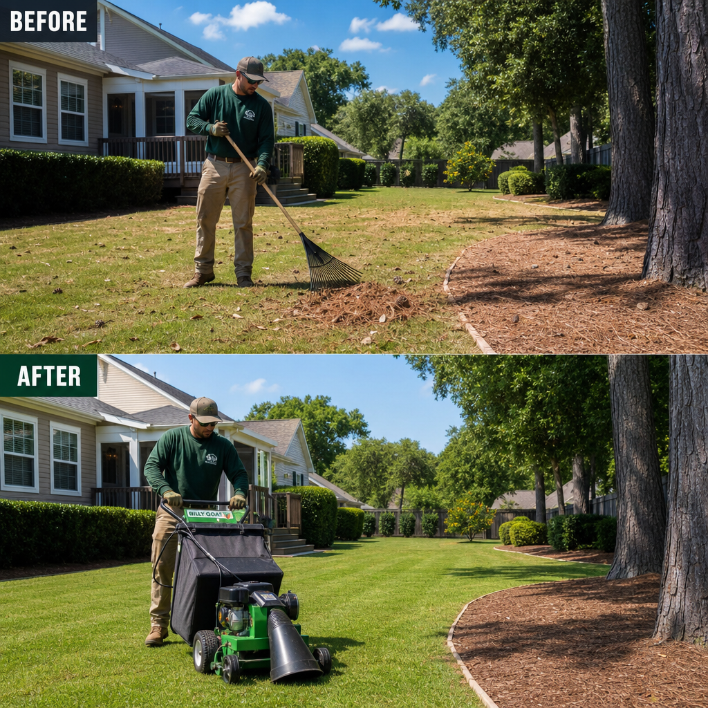 Professional landscaper performing summer debris removal and yard cleanup