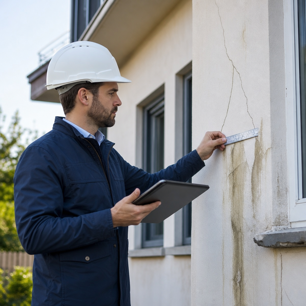 Expert inspecting building damage with professional measurement tools