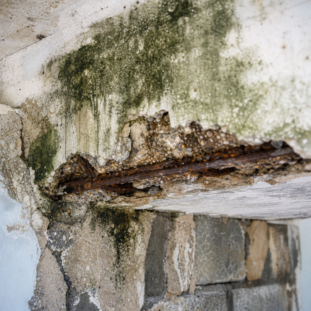 Detailed view of water damage and building material deterioration