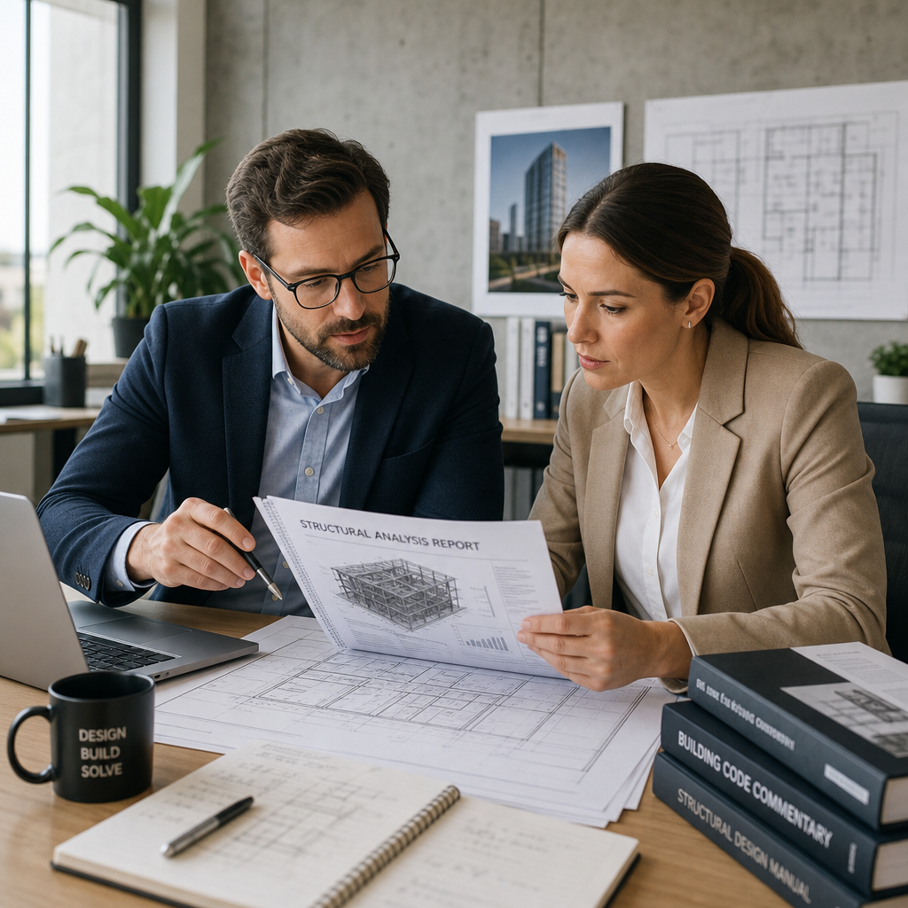 Building experts reviewing technical reports and construction documents