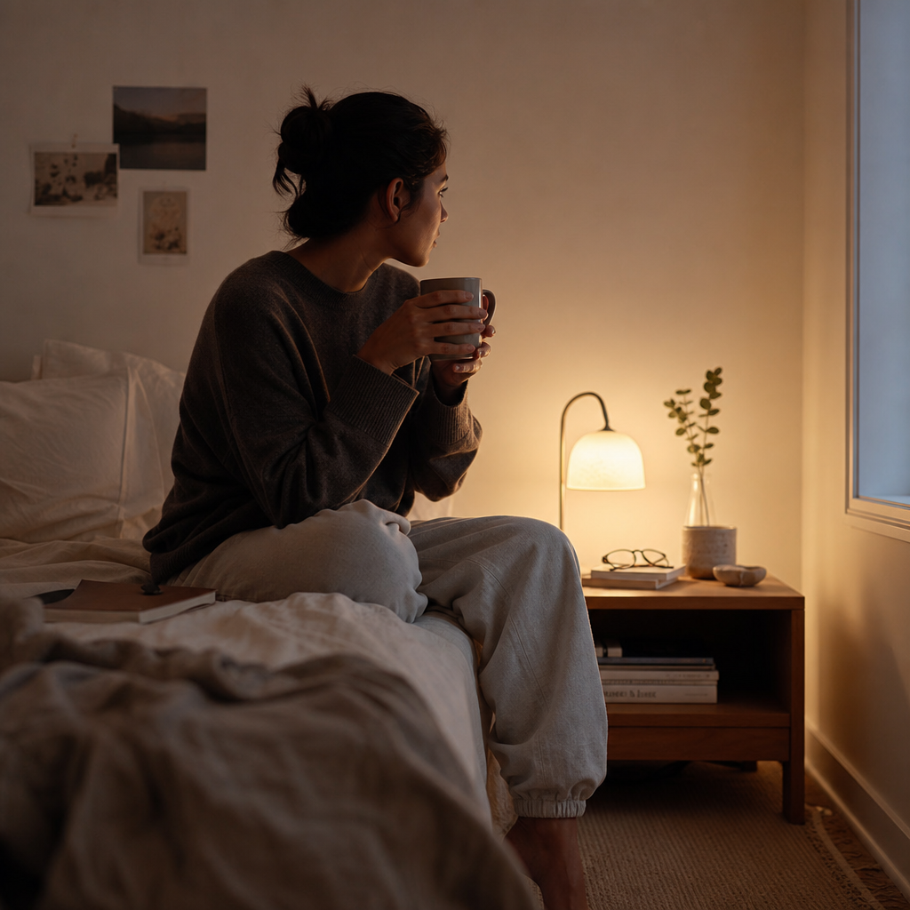 Person in a simple bedroom evening routine holding a warm drink