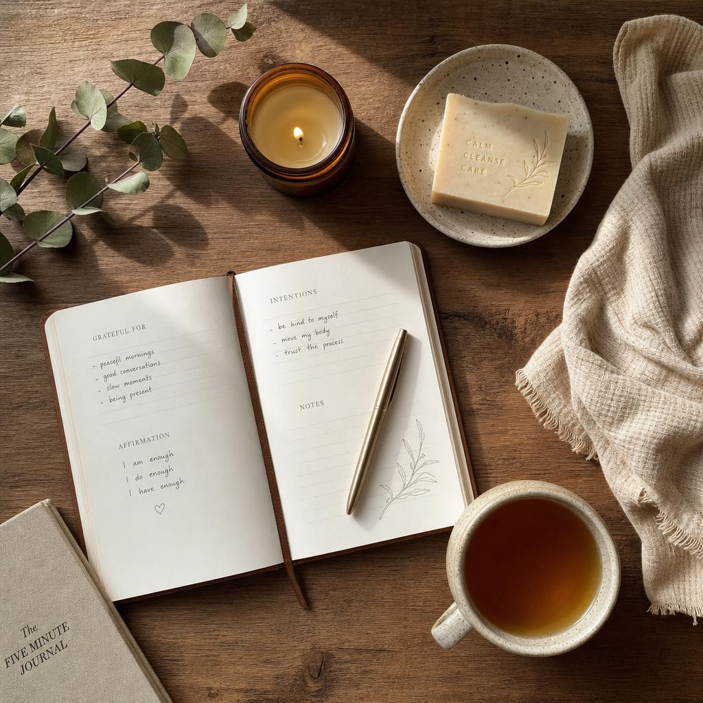 Minimalist self-care items arranged on a wooden surface in natural light