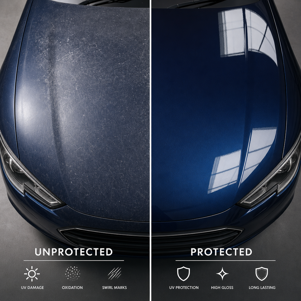 Before and after comparison of car paint protection showing oxidation damage versus ceramic coated surface