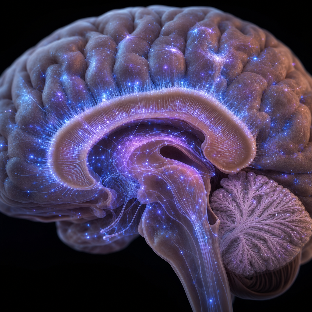 Glowing neural pathways and synapses in a brain cross-section during sleep