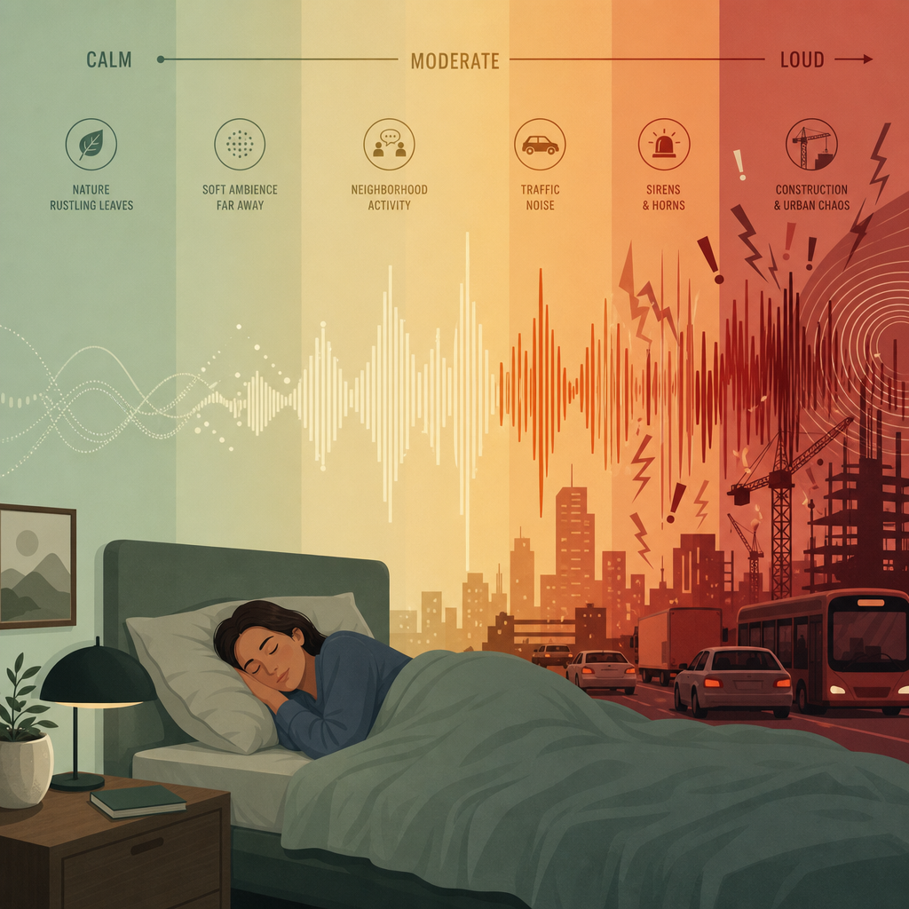 Sound waves increasing in intensity around a sleeping person, visualizing noise disruption