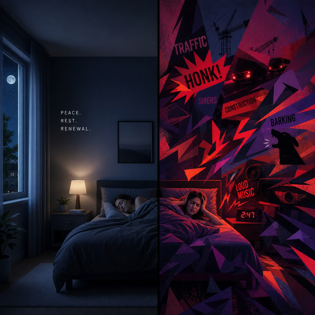 Before-and-after split screen of peaceful sleep environment versus noisy disrupted sleep