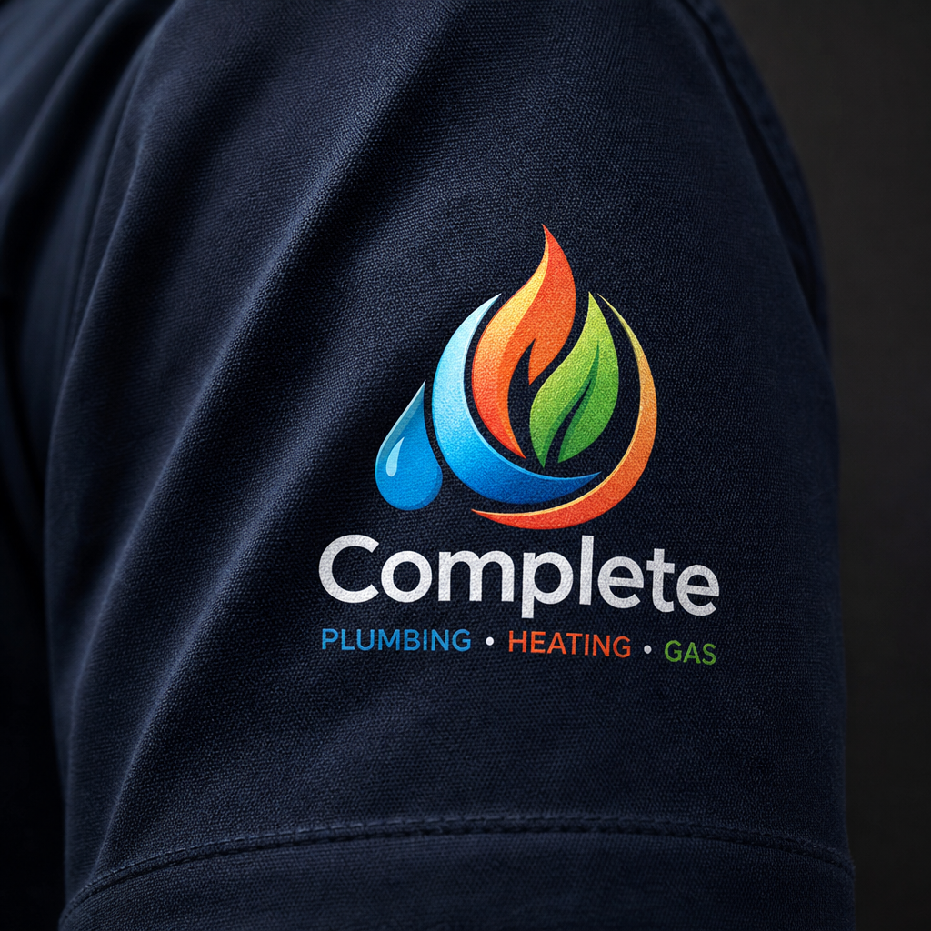 Detailed close-up of a multi-colour printed logo on workwear fabric showing sharp colour gradients and fine detail