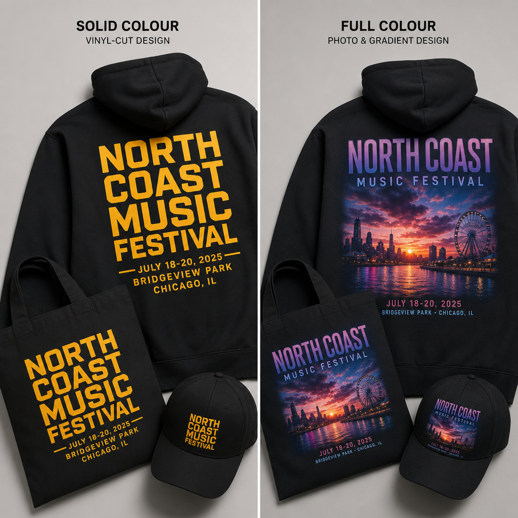 Side-by-side comparison of simple bold design versus complex photographic design on event apparel
