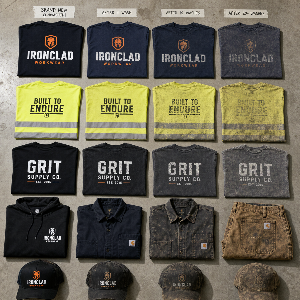 Collection of branded workwear items displayed showing different print conditions and durability levels