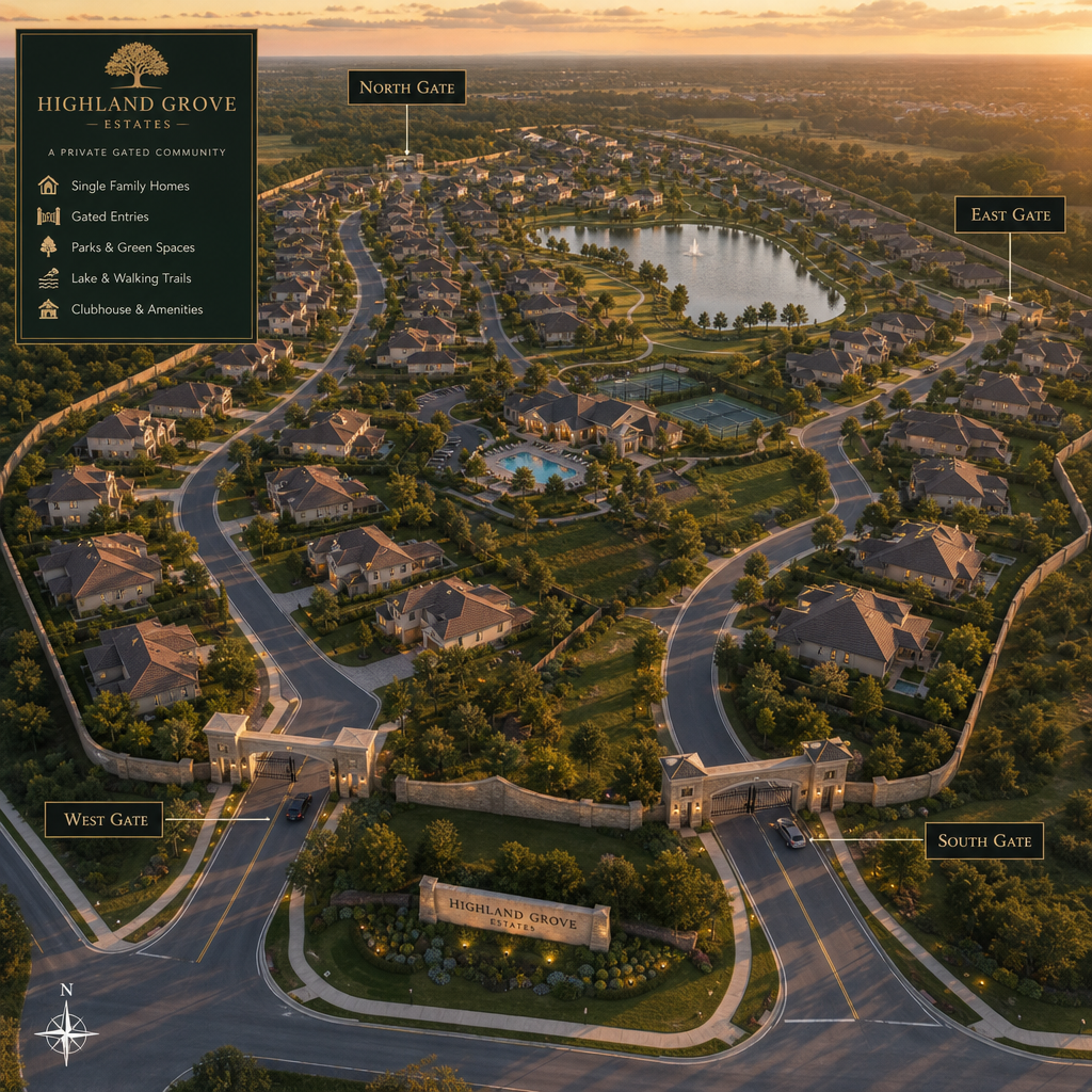 Aerial view of a gated residential community showing multiple entry points and property layout