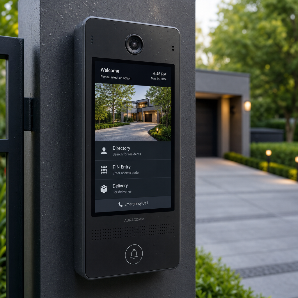Close-up of a modern gate intercom unit mounted at residential entrance with visible screen interface
