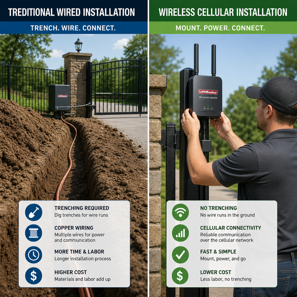 Comparison visual of wired gate system installation versus wireless cellular installation methods