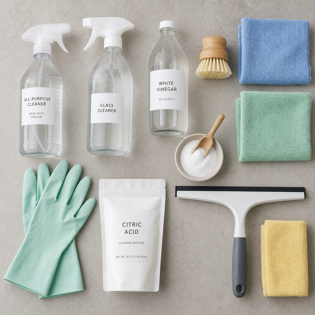 Collection of DIY hard water stain removal supplies and cleaning tools