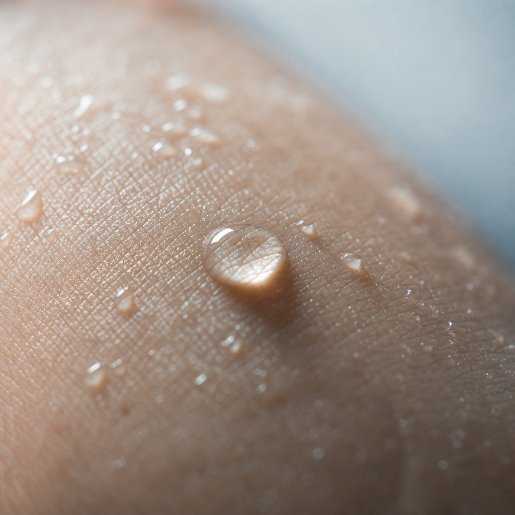 Water droplet on skin showing perspiration and moisture