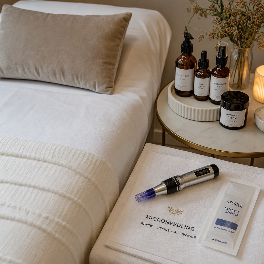 Medical spa treatment room setup with microneedling device and skincare products on sterile white linens