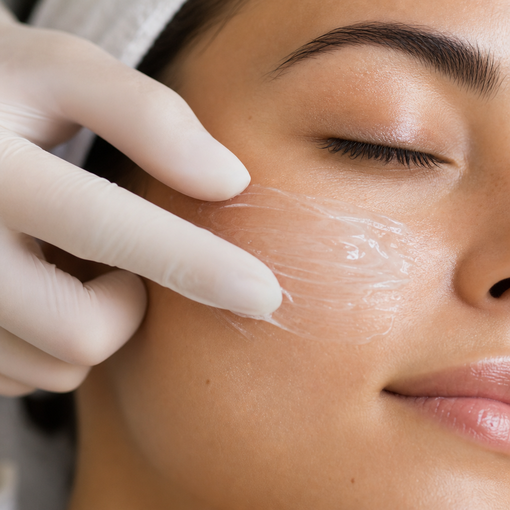 Aesthetician applying numbing cream to client's cheek during preparation