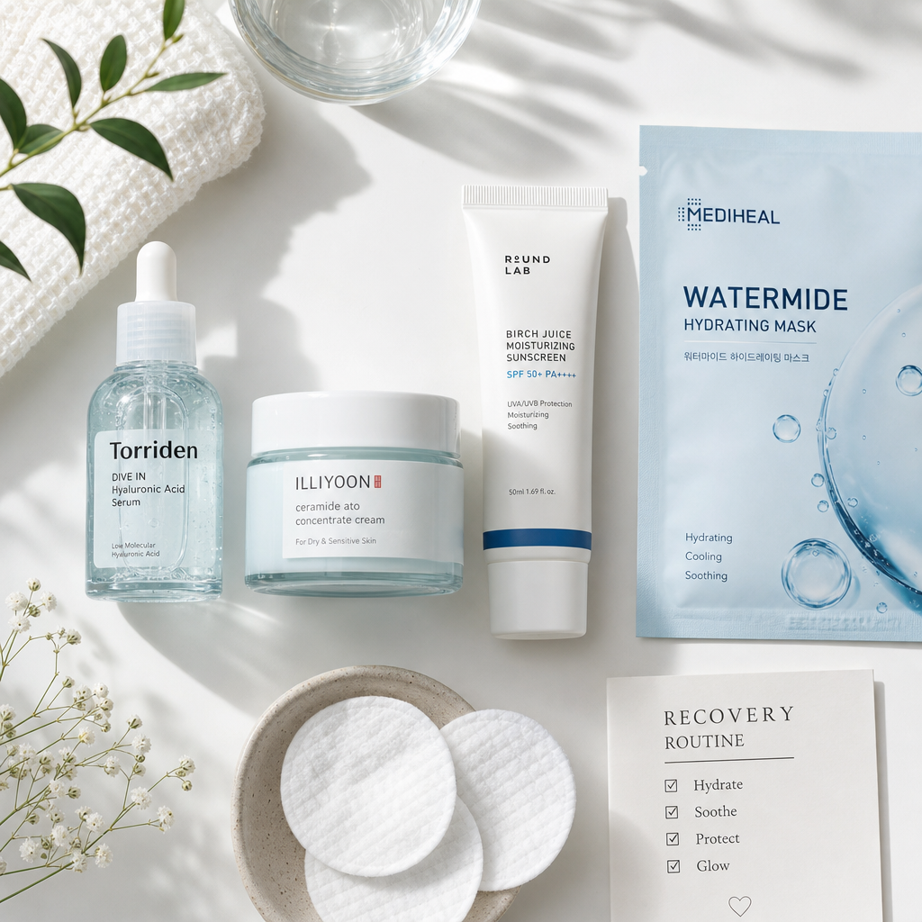 Skincare aftercare products arranged for post-microneedling recovery routine