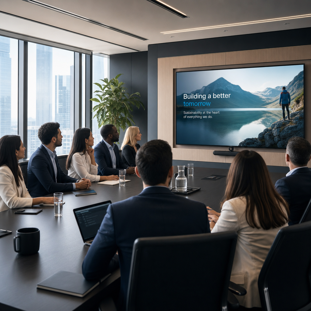 Professionals watching a corporate brand film in a modern conference room