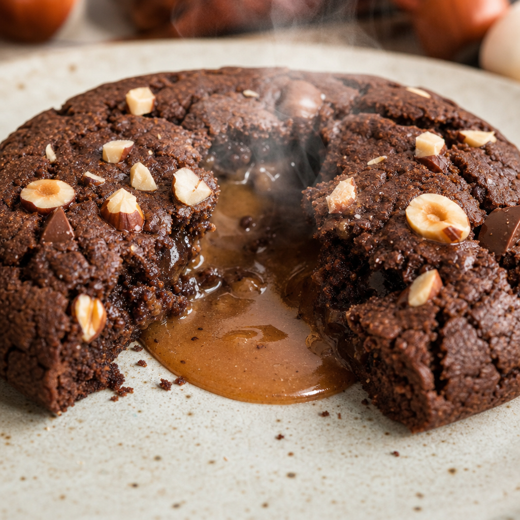 Molten hazelnut chocolate center of a warm lava cookie flowing onto a plate