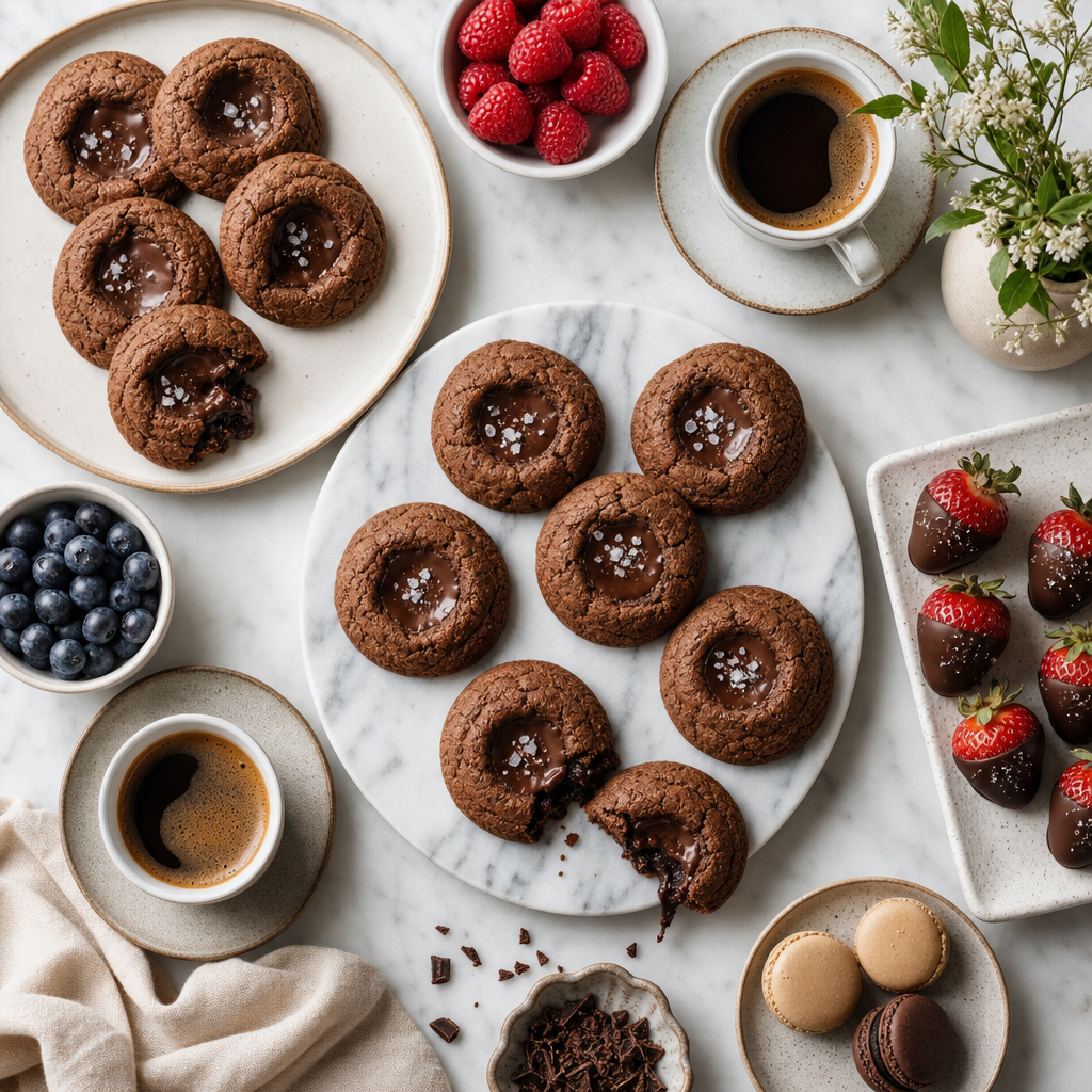 Styled dessert table display featuring lava cookies with complementary treats and beverages