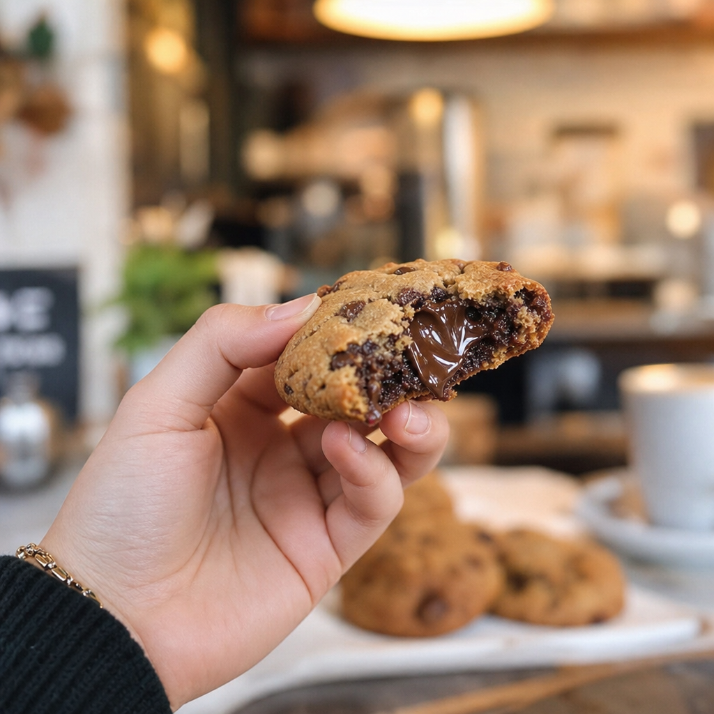 Person enjoying a lava cookie with molten chocolate center in a casual setting