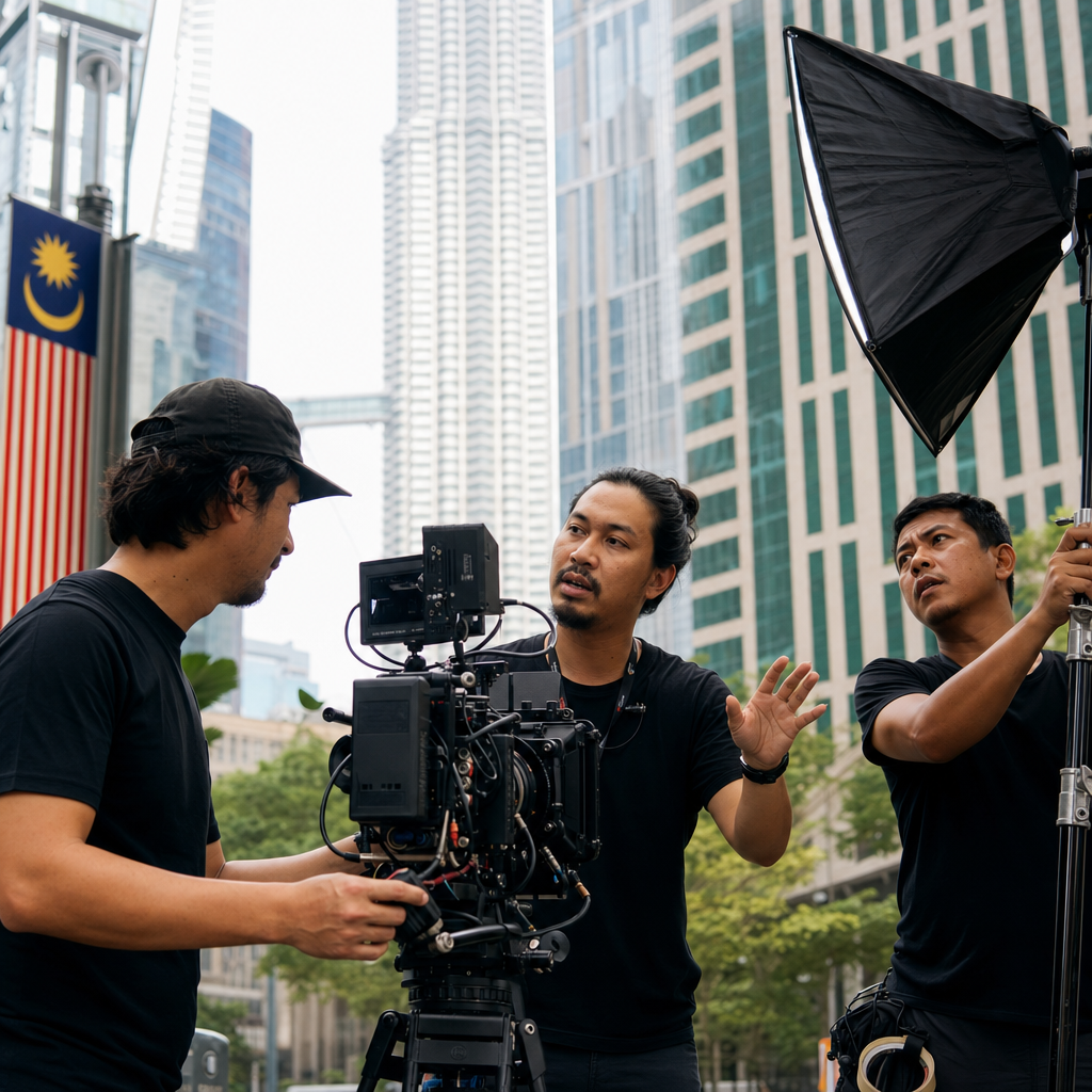Corporate video production crew setting up equipment for filming