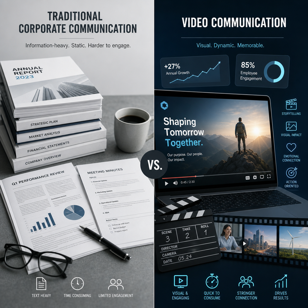 Comparison of traditional corporate documents versus dynamic video content formats