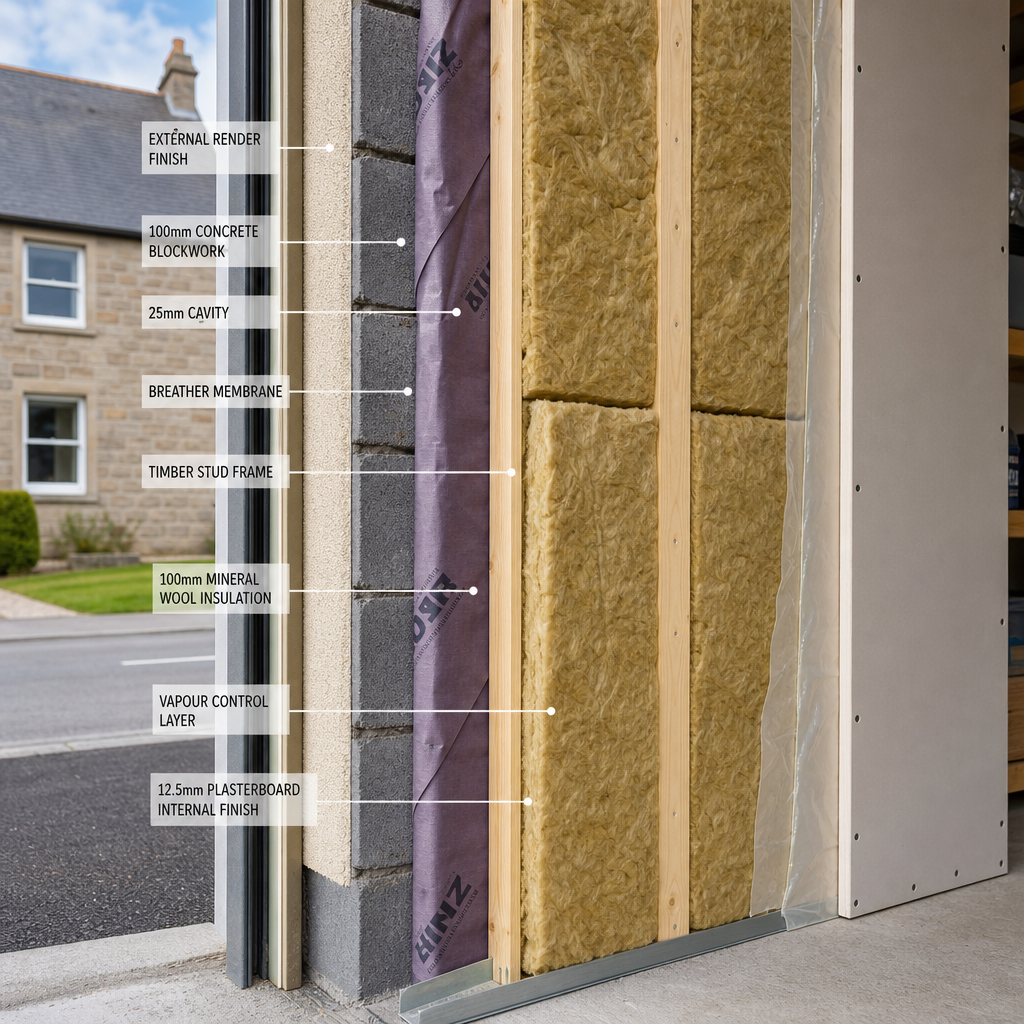 Cross-section of garage wall insulation layers with cavity batts and vapor barrier installation