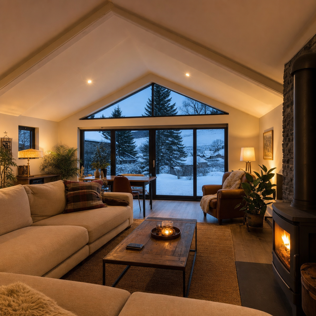 Warm, finished garage conversion interior with visible roof insulation and comfortable living space