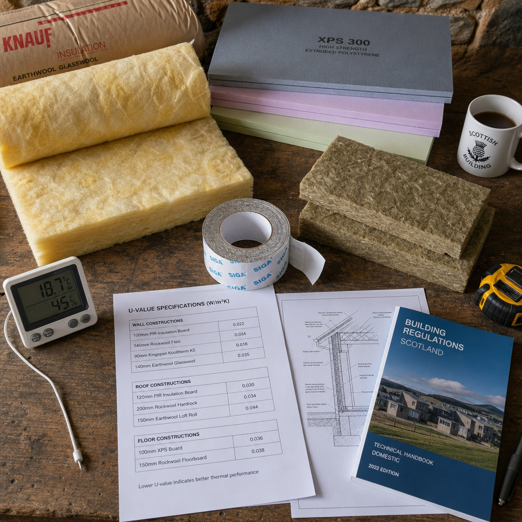 Various garage conversion insulation materials and thermal specification documentation displayed together